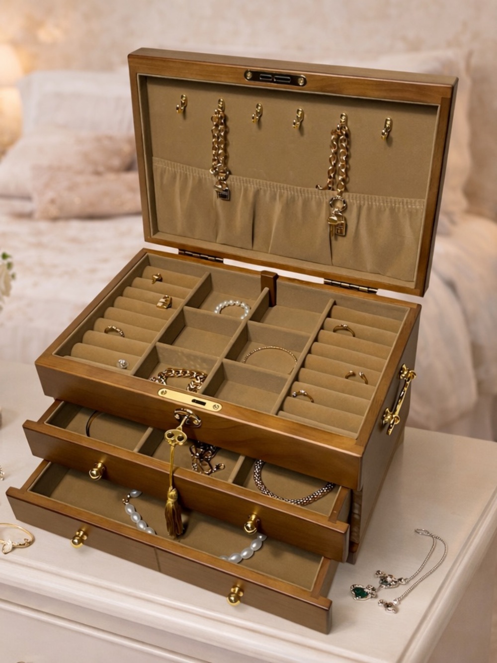 Wooden jewelry box with lock, customized jewelry box, gift for her, anniversary